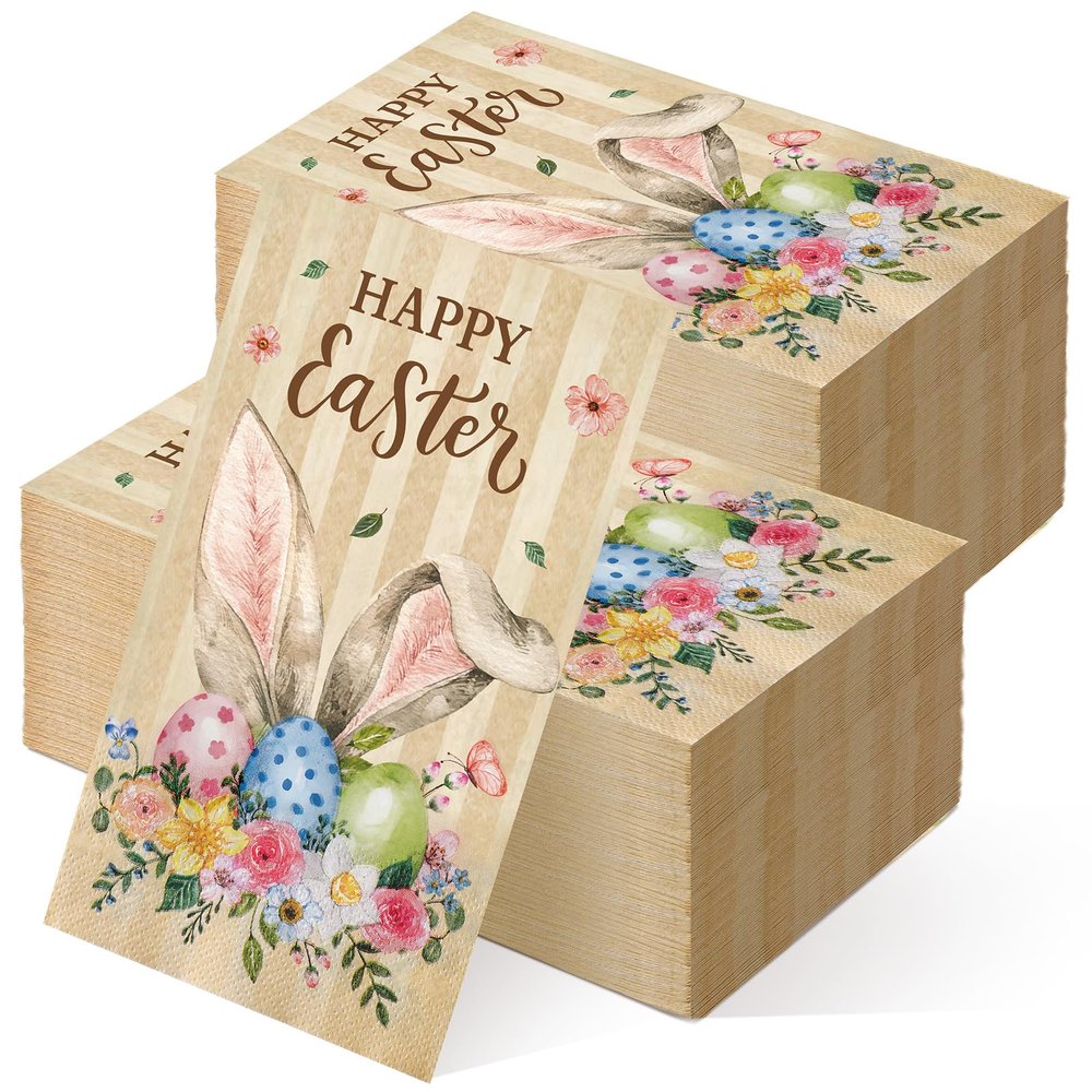 200 Pcs Spring Easter Napkins Bulks Disposable Spring Flower Easter Bunny Egg He Is Risen Napkins Guest Paper Hand Towel for Home Family Dinner Bathroom(Rabbit Ear)