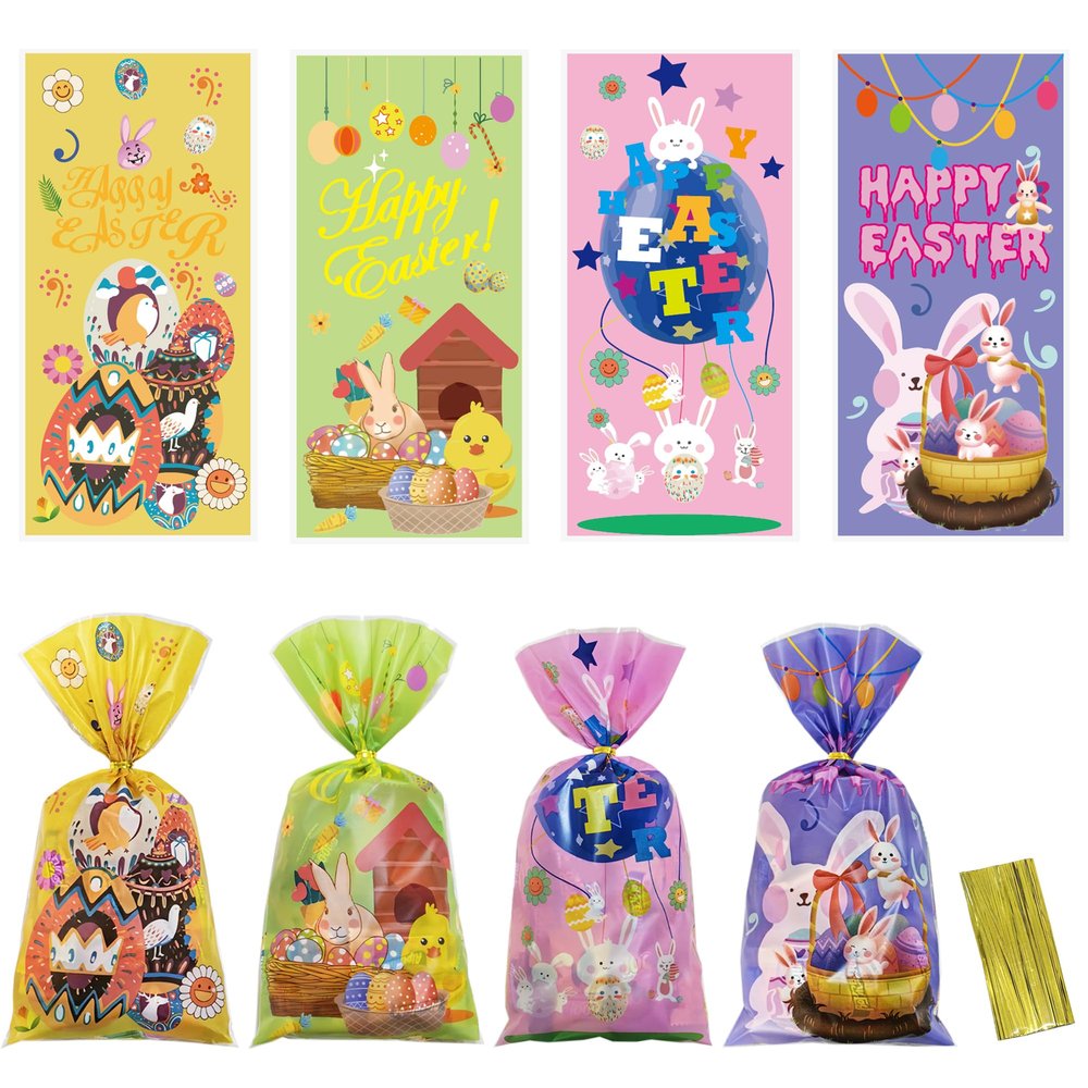 Easter Cellophane Bags with Ties - 100 PCS Plastic Bags for Easter Day Party Favor Supplies
