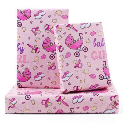 AircooL Baby Girl Wrapping Paper For Kids Girls, 6 Sheets Stroller Baby Socks Nipple Balloons Designs 20 x 28 inch Birthday Wrapping Paper for Baby Shower Birthday Kindergarten Newborn