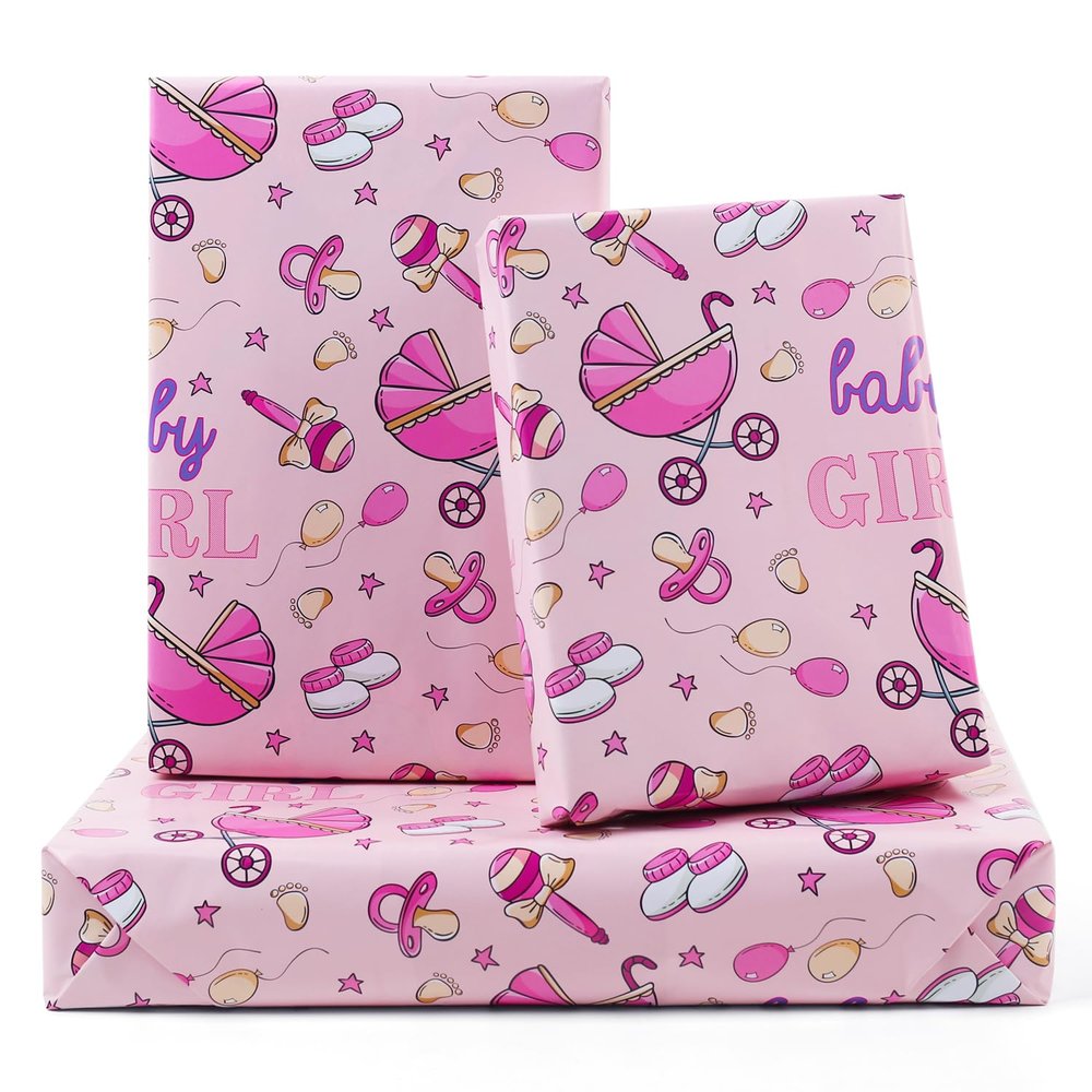 AircooL Baby Girl Wrapping Paper For Kids Girls, 6 Sheets Stroller Baby Socks Nipple Balloons Designs 20 x 28 inch Birthday Wrapping Paper for Baby Shower Birthday Kindergarten Newborn