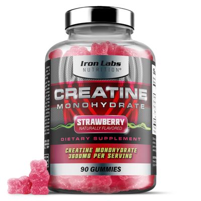 Iron Labs Nutrition Creatine Monohydrate (90 Gummy Bears) - 3600mg Per Serving - Strawberry Flavor - High Strength Creatine for Men & Women (90 Vegan Gummies)
