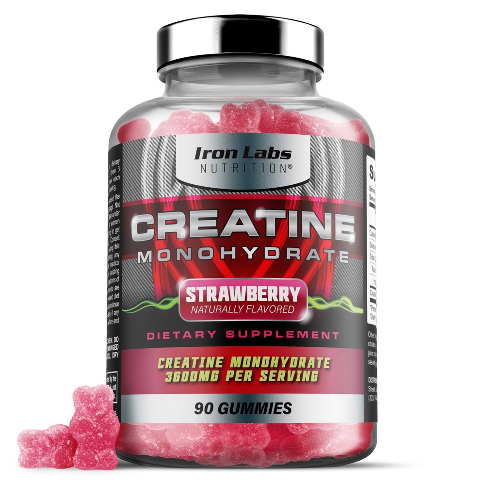 Iron Labs Nutrition Creatine Monohydrate (90 Gummy Bears) - 3600mg Per Serving - Strawberry Flavor - High Strength Creatine for Men & Women (90 Vegan Gummies)