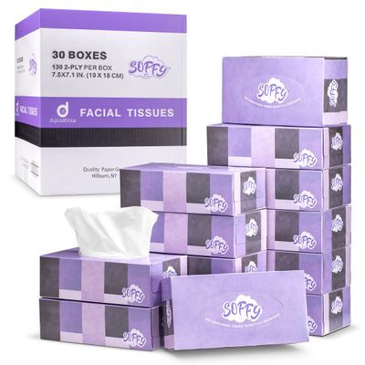Soft Facial Tissue, 2 Ply White - 130 Tissues Per Box, Car & Travel Packs - 7.5" x 7.1", Pack of 30