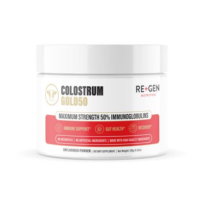 Re+Gen Nutrition Colostrum Gold 50 Bovine Colostrum Powder for Gut Health, Immune Support & Muscle Recovery 50% IgG Concentration, Grass Fed, Gluten Free, No Artificial Ingredients