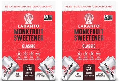 Lakanto Classic Monk Fruit Sweetener Packets - White Sugar Replacement, Zero Net Carbs, Zero Glycemic, Zero Calorie, Sweeten on the Go, Coffee, Lemonade, Other Drinks, Desserts (Classic, 30 Count)- Pack of 2