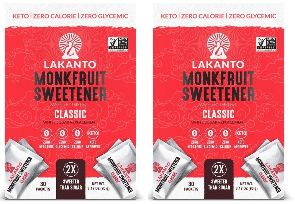 Lakanto Classic Monk Fruit Sweetener Packets - White Sugar Replacement, Zero Net Carbs, Zero Glycemic, Zero Calorie, Sweeten on the Go, Coffee, Lemonade, Other Drinks, Desserts (Classic, 30 Count)- Pack of 2