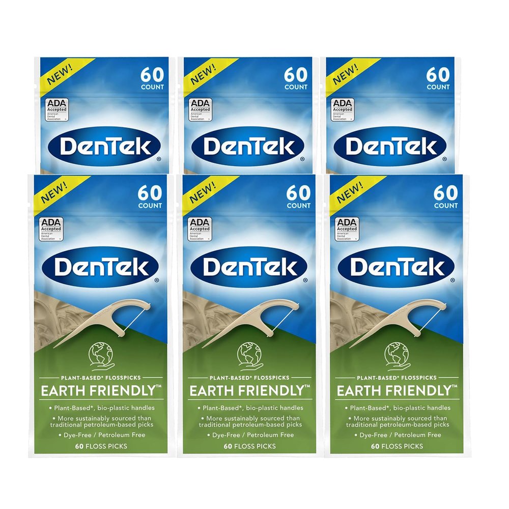 DenTek Earth Friendly Floss Picks, Organic Plant-Based bio-Plastic Handles, Mint 60 Count (Pack of 6)