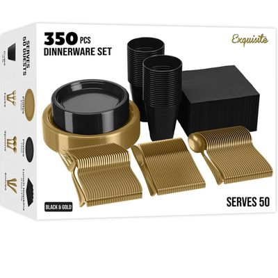 350 Pcs Black & Gold Plastic Plates For Party, Black & Gold Disposable Plates Set, 50 Of Each 9" Dinner Plate Set, 7" Dessert Plate, Cups, Napkins & Cutlery Plastic Dinnerware Exquisite