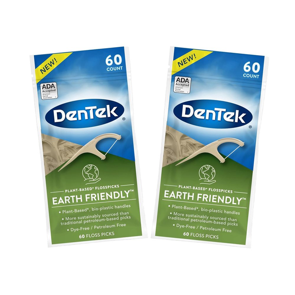 DenTek Earth Friendly Floss Picks, Organic Plant-Based bio-Plastic Handles, Mint 60 Count (Pack of 2)