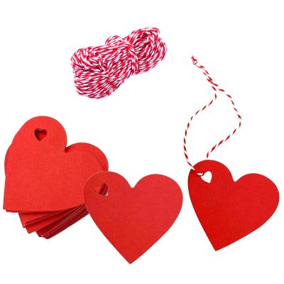 100 Pcs Red Gift Tags Valentine Heart Shaped Paper Tags Blank Heart Hanging Labels Valentine's Gift Wrapping Tag with 300 Feet String for Valentine's Party DIY Wrapping Supplies (Red)
