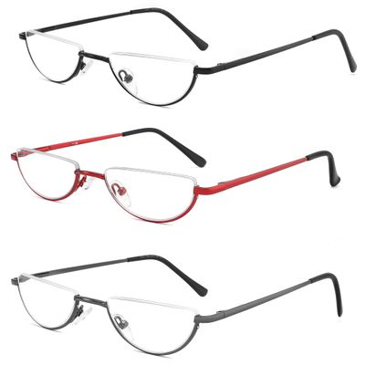 Yiwaeye 3 Pack Half Moon Reading Glasses Anti Blue Light UV, Half Frame Semi Lens Slim Spring Hinge Readers with Case for Men Women Black/Gunmetal/Red +1.25