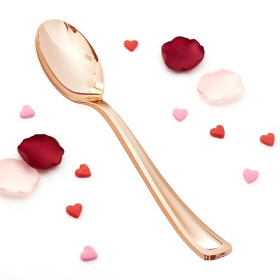 BESTVIP 50 Pack 6.9 Inch Rose Gold Plastic Spoons, Heavy Duty Plastic Silverware, Heavyweight Rose Gold Spoons, Disposable Serving Utensils for Catering, Parties, Dinners, Weddings, Christmas