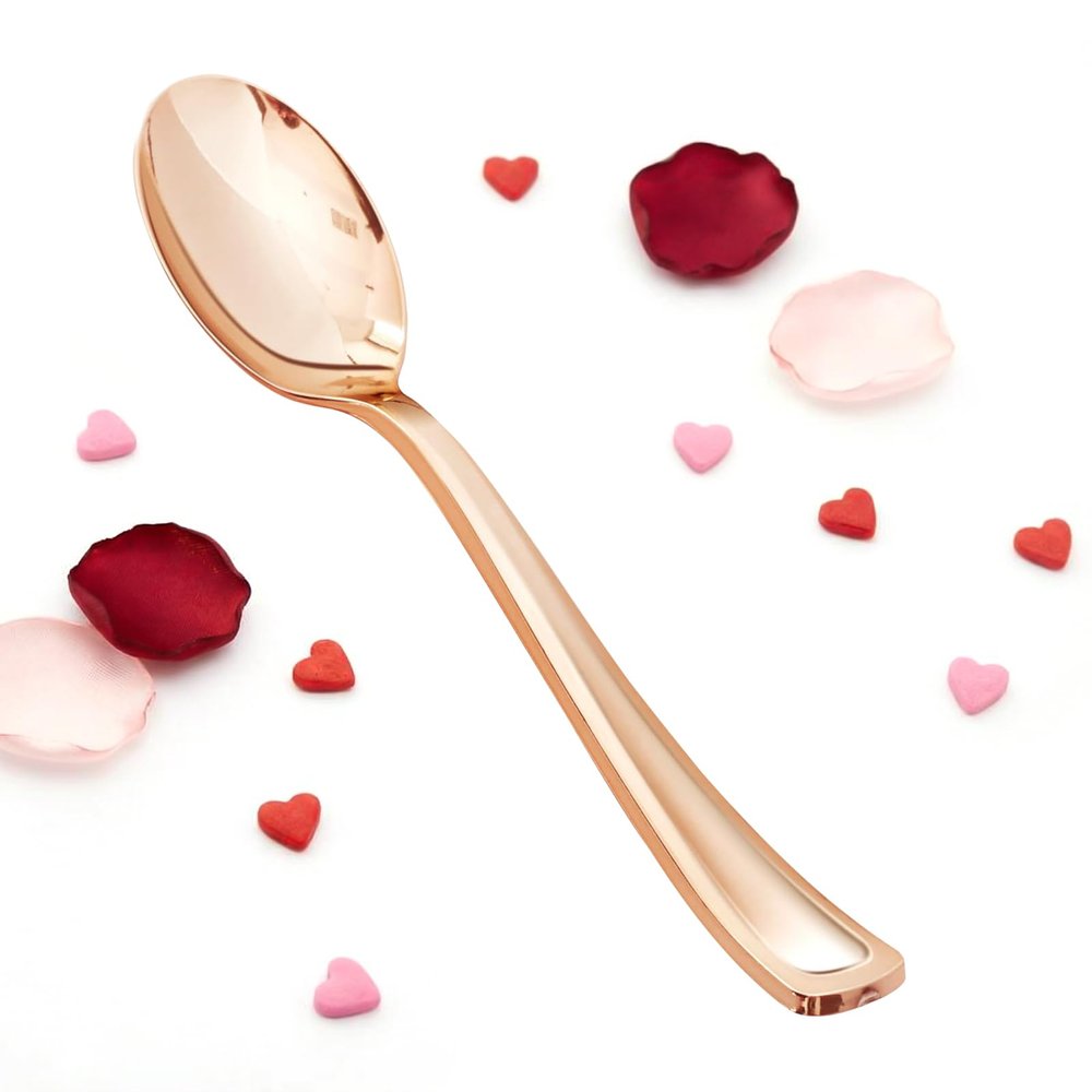 BESTVIP 50 Pack 6.9 Inch Rose Gold Plastic Spoons, Heavy Duty Plastic Silverware, Heavyweight Rose Gold Spoons, Disposable Serving Utensils for Catering, Parties, Dinners, Weddings, Christmas
