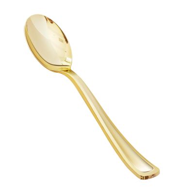 BESTVIP 300 Pack 6.9 Inch Gold Plastic Spoons, Heavy Duty Plastic Silverware, Heavyweight Gold Disposable Spoons, Disposable Serving Utensils for Catering, Parties, Dinners, Weddings, Christmas