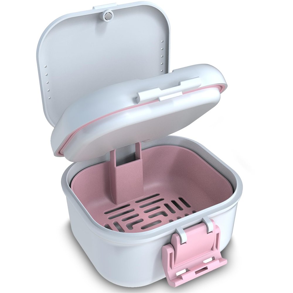BVN Upgraded Leak Proof Denture Bath Cup with Strainer & Storage Compartment | Portable Soaking Case for Dentures, Braces and Travel Retainers