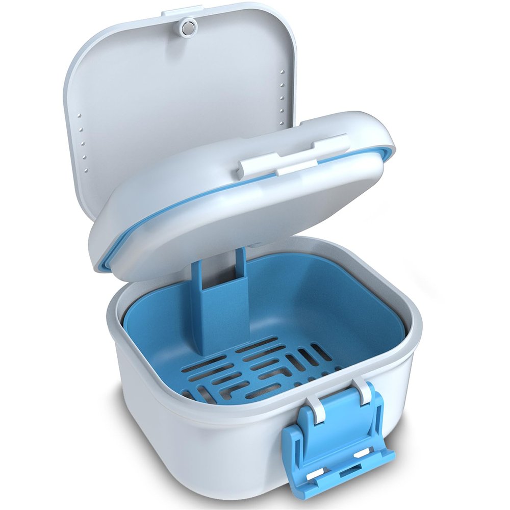 BVN 2-in-1 Leak Proof Denture Soaking Cup with Strainer | Hygienic Storage Case for Dentures, Braces, Mouth Guards & Travel Retainers