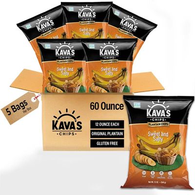 Kava's Plantain Chips, Sweet & Salty Chips - 5 Packs Vegan & Gluten Free Chips | Bulk Plantain Chips, Healthy Snacks, Delicious Original Plantains Chips | Bulk Chips 12 Oz each Pack