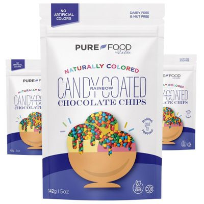 Pure Food By Estee Natural Rainbow Candy Coated Chocolate Chips, 5oz (3 Pack) | Cosmic Brownie Sprinkles | Vegan | Mini Colored Chips for Baking | Soy Free, Gluten Free, Dairy Free, Nut Free