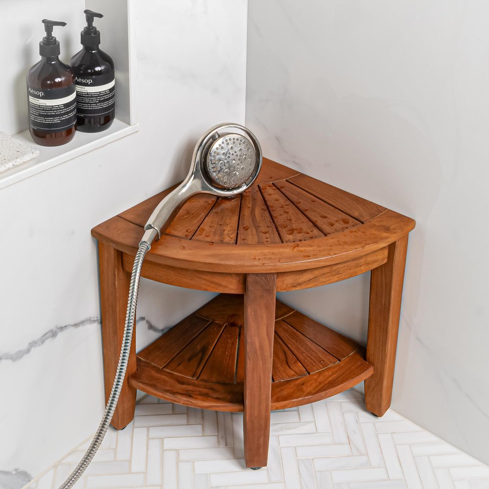 Best Home Fashion Teak Corner Shower Bench with Shelf, Teak Shower Stool for Bathroom and Spa - 16 W x 16 L x 17.25 H