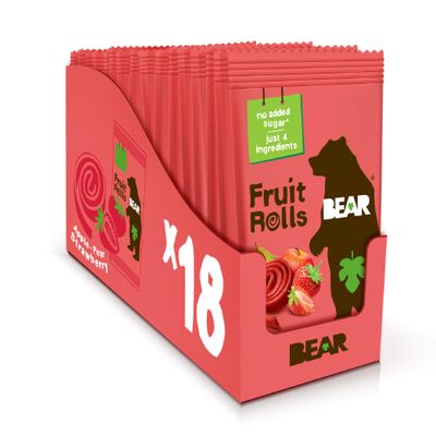 BEAR Real Fruit Snack Rolls - Gluten Free, Vegan, and Non-GMO - Strawberry  36 Rolls, Healthy School And Lunch Snacks For Kids And Adults, 0.7 Ounce (Pack of 18)