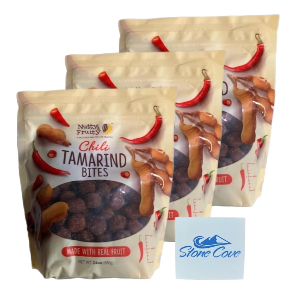 Nutty & Fruity Chili Tamarind Bites Bundle with Stone Cove Fridge Magnet - 26 oz Per Bag - Made with Real Fruit - Medium Spicy (3 Bags)