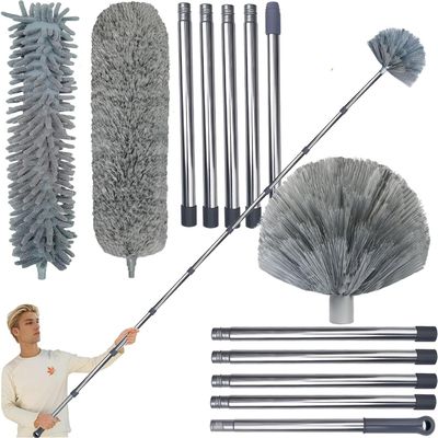 20+ Feet High Reach Duster Kit with 3-14 ft Extension Pole for Cleaning Fan, Spider Web, High Ceiling, Blinds, Furniture, Cars - Cobweb Microfiber Duster // Outdoor & Indoor Extendable Duster