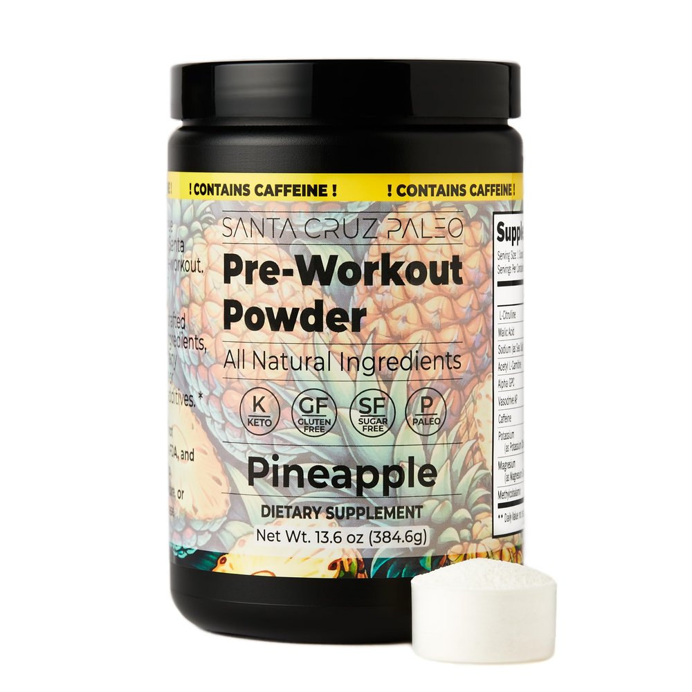 Santa Cruz Paleo Pre Workout Powder with Caffeine & Electrolytes, Magnesium, Potassium, Sea Salt & L Citrulline, Sugar Free Preworkout Drink Mix for Energy & Hydration, Pineapple Flavor, 30 Servings