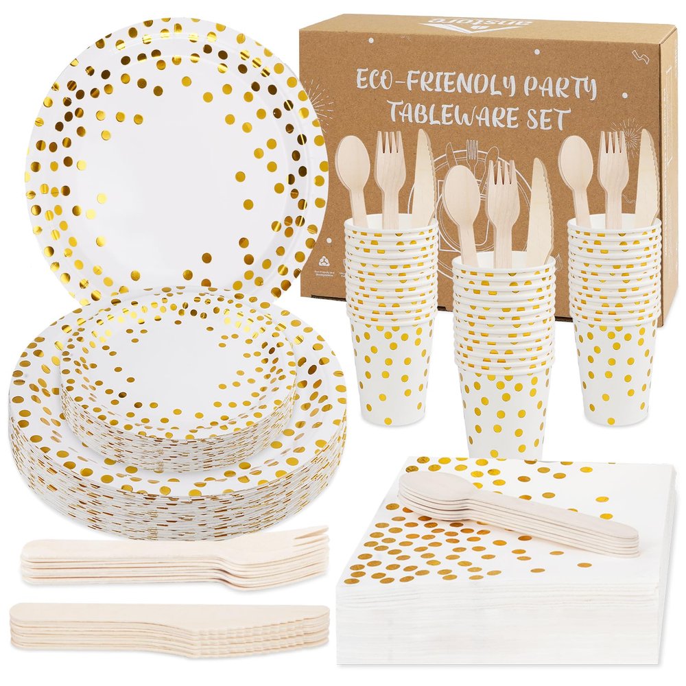 200 Pcs Birthday Plates and Napkins, White and Gold Plates Disposable, 25 Guests Party Plates Set, Plate and Napkins Party Supplies, Including Spoon, Fork, Knife, Drinking Cups for Wedding Christmas
