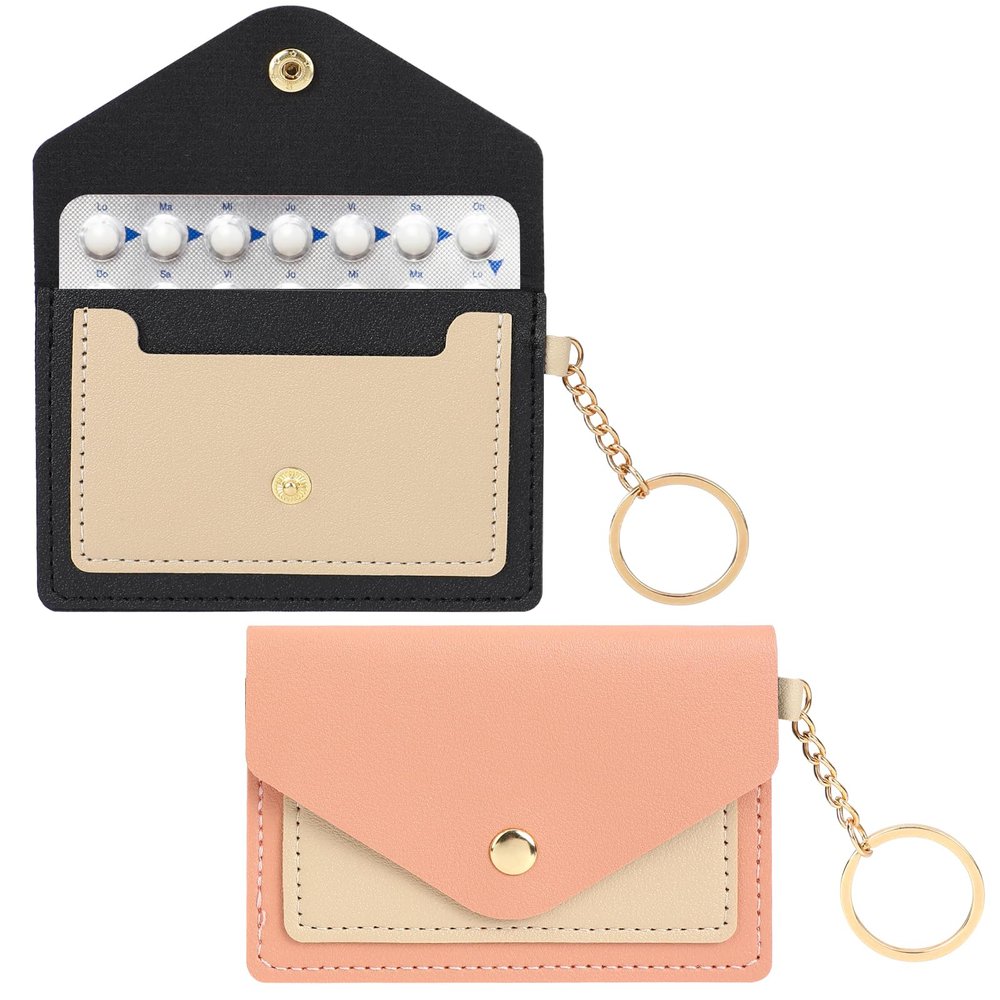 2 Pack Birth Control Pill Case Sleeve Packet 4.3 X 3 Inch PU Leather Wallet Pill Holder Privacy Protection Birth Control Pill Wallet with Key Ring for Pill Card Organizer(Pink, Black)