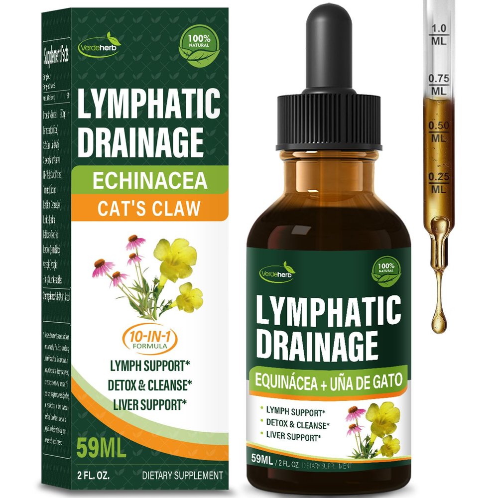 Verdeherb Cleavers Lymphatic Drainage Drops Enhance Lymph System Detox Cleanse, Echinacea, Milk Thistle, Cats Claw, Turmeric, Dandelion, Burdock Immune Support Supplement. 2oz