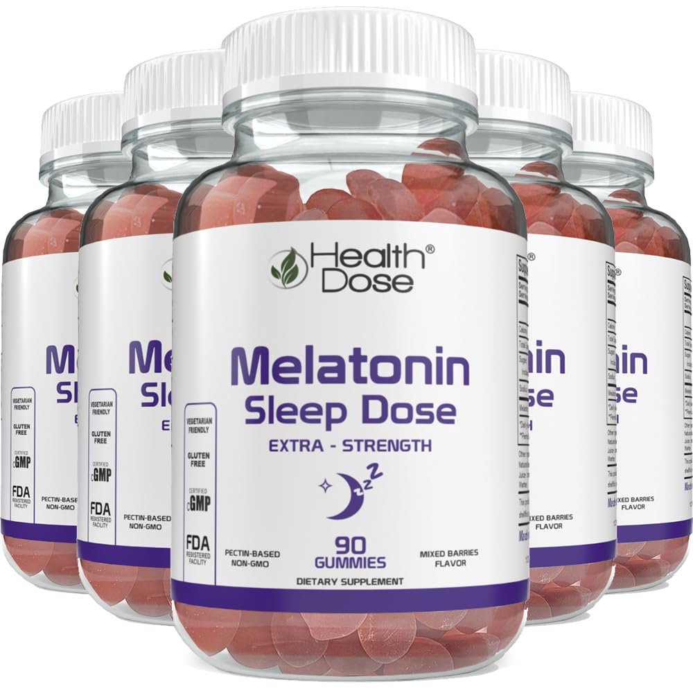 Health Dose Melatonin 6 mg Extra Strength Gummy, Pre-Bedtime Supplement for Restful Sleep, Adults, 90 Gummies, Mixed Berries Flavor, Pack of 5.