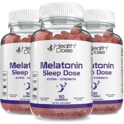 Health Dose Melatonin 6 mg Extra Strength Gummies, Pre-Bedtime Supplement for Restful Sleep, for Adults, 90 Gummies, Mixed Berries, Pack of 3