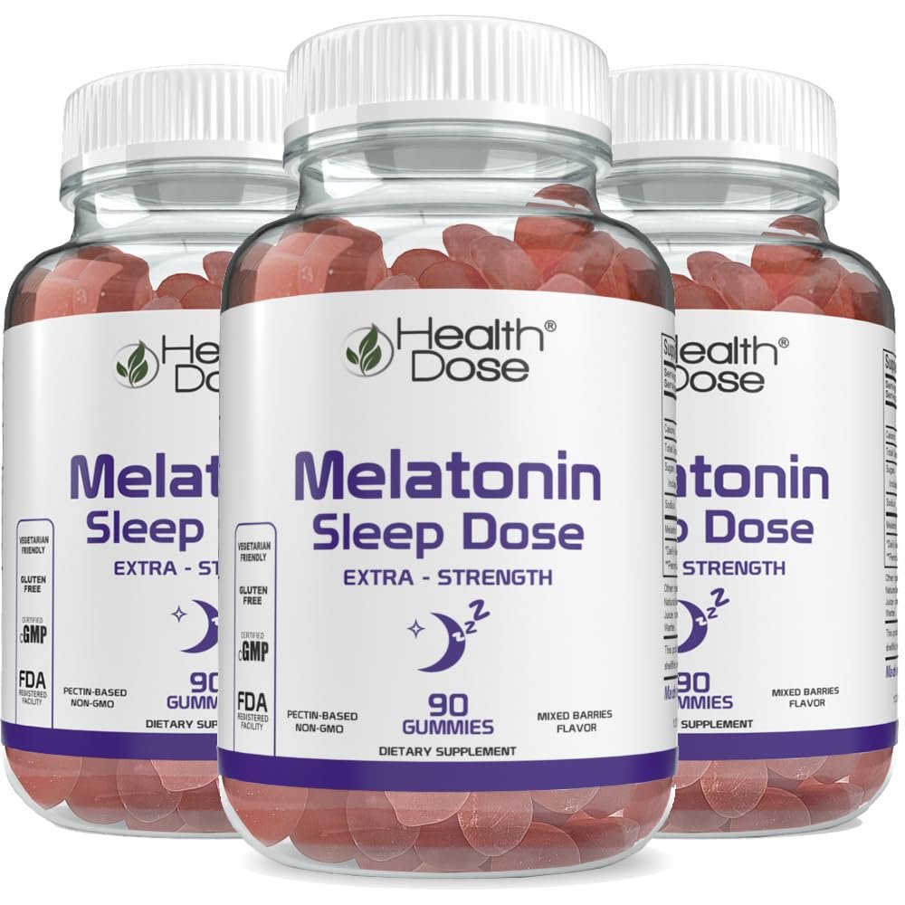 Health Dose Melatonin 6 mg Extra Strength Gummies, Pre-Bedtime Supplement for Restful Sleep, for Adults, 90 Gummies, Mixed Berries, Pack of 3