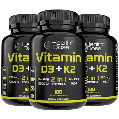 Health Dose Vitamin D3 10,000 IU + K2 (MK7) Supplement, 2-in-1 Formula, Immune Support, a Healthy Mood, Heart, Joint, Teeth, Bone Health, Calcium Absorption, 180 softgels. (3)