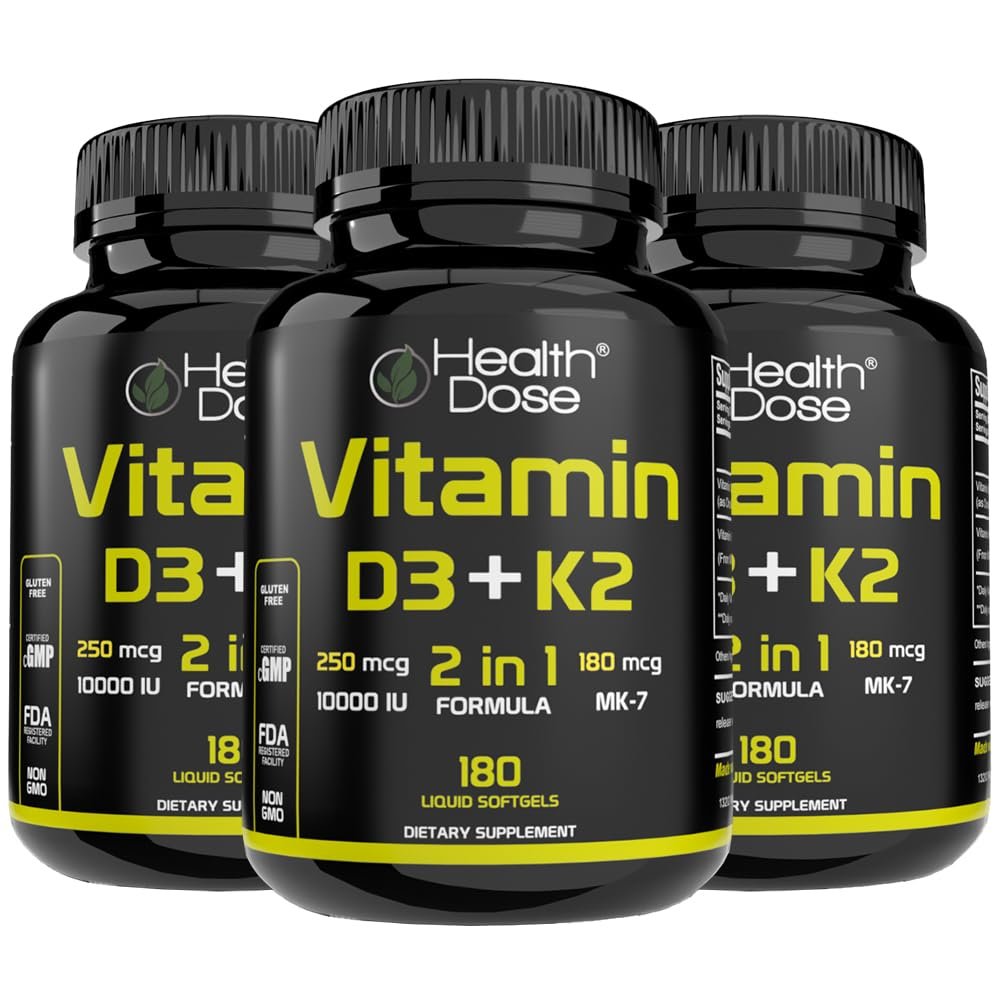 Health Dose Vitamin D3 10,000 IU + K2 (MK7) Supplement, 2-in-1 Formula, Immune Support, a Healthy Mood, Heart, Joint, Teeth, Bone Health, Calcium Absorption, 180 softgels. (3)