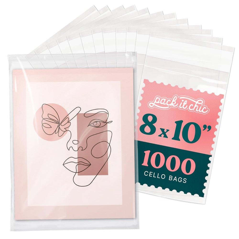 Pack It Chic - 8 X 10 Self Sealing Cellophane Bags (1000 Pack) - Resealable Adhesive Clear Bags for Gifts, 8X10 Photos, Prints, Cards, and Envelopes