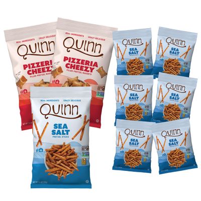 Quinn Pretzel Nuggets School Lunch Pack - Made with Real Ingredients, Whole Grain Sorghum, Gluten Free, Allergen Free, Non-GMO, 1.5oz Sea Salt Sticks (6), 5.8oz Pizzeria (2), 5.6oz Sea Salt Sticks (1)
