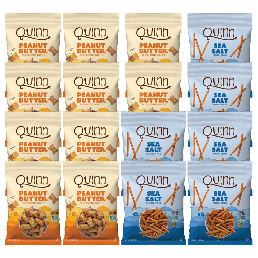 Quinn Pretzel Nuggets Single Serve Variety Pack - Made with Real Ingredients, Whole Grain Sorghum, Vegan, Gluten Free, Dairy Free, Non-GMO - (10) Peanut Butter, (6) Sea Salt Stick, 1.5 Oz (Pack of 16)