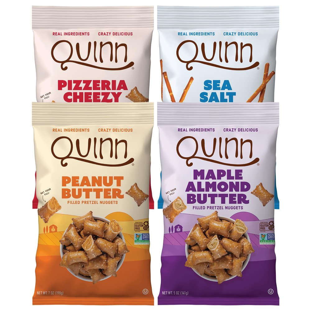 Quinn Pretzel Nuggets Quinntessential Pack - Made with Real Ingredients, Whole Grain Sorghum, Vegan, Gluten Free, Dairy Free, Non-GMO - Peanut Butter, Pizzeria, Sea Salt Stick, Maple (Pack of 4)