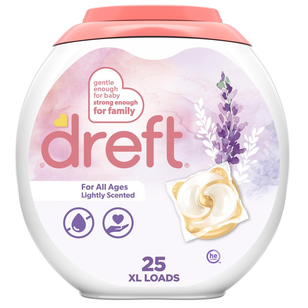 Dreft Laundry Detergent Pacs, Lightly Scented, Lavender, For Baby and Family, XL Pacs, 25 Count
