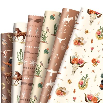 12 Sheet Western Cowboy Wrapping Paper Wild West Horse Bull Cactus Gift Wrap Paper Bulk Folded Flat Funny Art Paper for Birthday Wedding Baby Shower DIY Crafts Gift Packing, 19.7 x 27.6 In