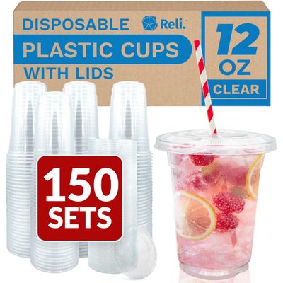 Reli. 12oz Plastic Cups with Lids (150 Pack)
