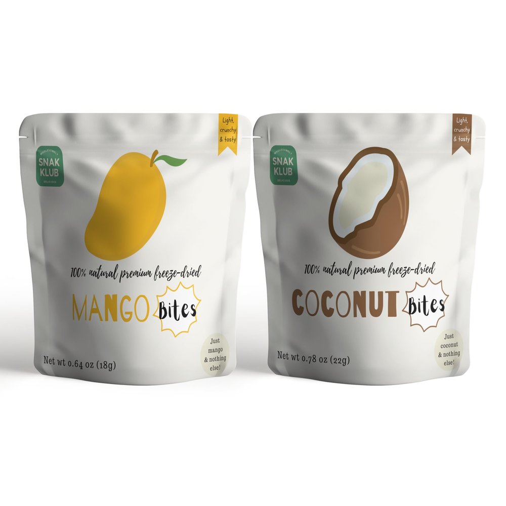 Snakklub Mango/Coconut Duos  Single-Serve Freeze-Dried Mango and Coconut, 100% Fruit Without Added Sugar/Additives/Preservatives (Pack of 12)