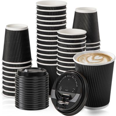 Fit Meal Prep 100 Pack 12 oz Black Disposable Coffee Cups with Lids, Corrugated Triple Wall To Go Hot Cups, Insulated Paper Coffee Cups for Hot Beverages, Travel, Home, Office (Black Lids)