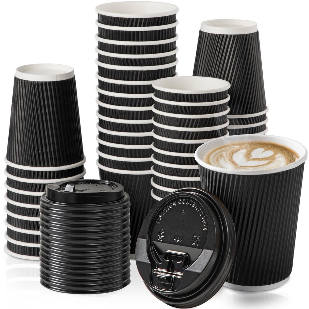 Fit Meal Prep 100 Pack 12 oz Black Disposable Coffee Cups with Lids, Corrugated Triple Wall To Go Hot Cups, Insulated Paper Coffee Cups for Hot Beverages, Travel, Home, Office (Black Lids)