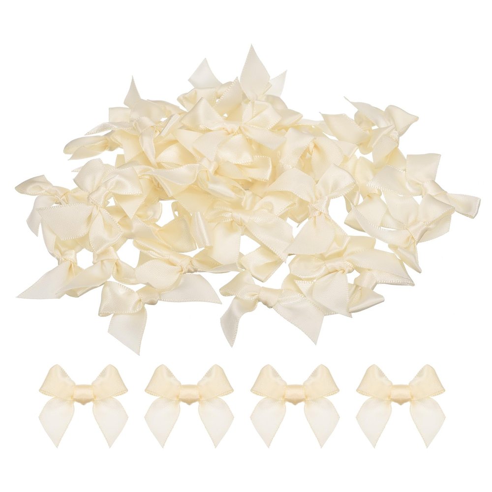 MECCANIXITY 100Pcs Mini Ribbon Bow Mini Fabric Satin Ribbon Flower Bows for Craft DIY Sewing Wedding Birthday Party Light Yellow
