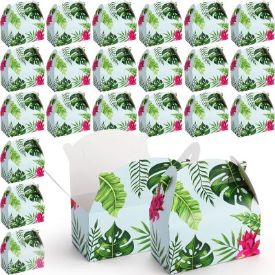 FillTouch 60 Pcs Luau Tropical Party Favor Boxes Hawaiian Themed Gable Gift Box Set Palm Leaves Hibiscus Candy Goodie Boxes Aloha Luau Party Supplies for Summer Treat Birthday, Floral Design, 6x3x3