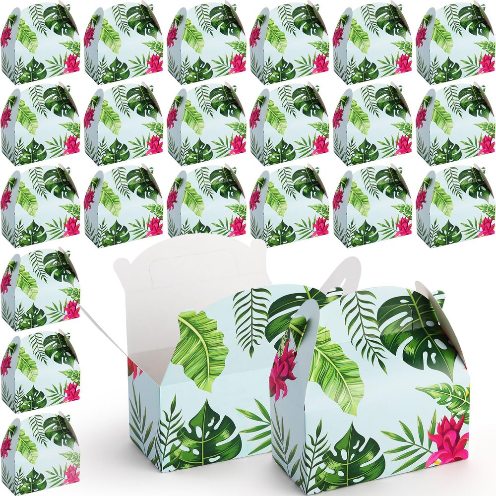 FillTouch 60 Pcs Luau Tropical Party Favor Boxes Hawaiian Themed Gable Gift Box Set Palm Leaves Hibiscus Candy Goodie Boxes Aloha Luau Party Supplies for Summer Treat Birthday, Floral Design, 6x3x3