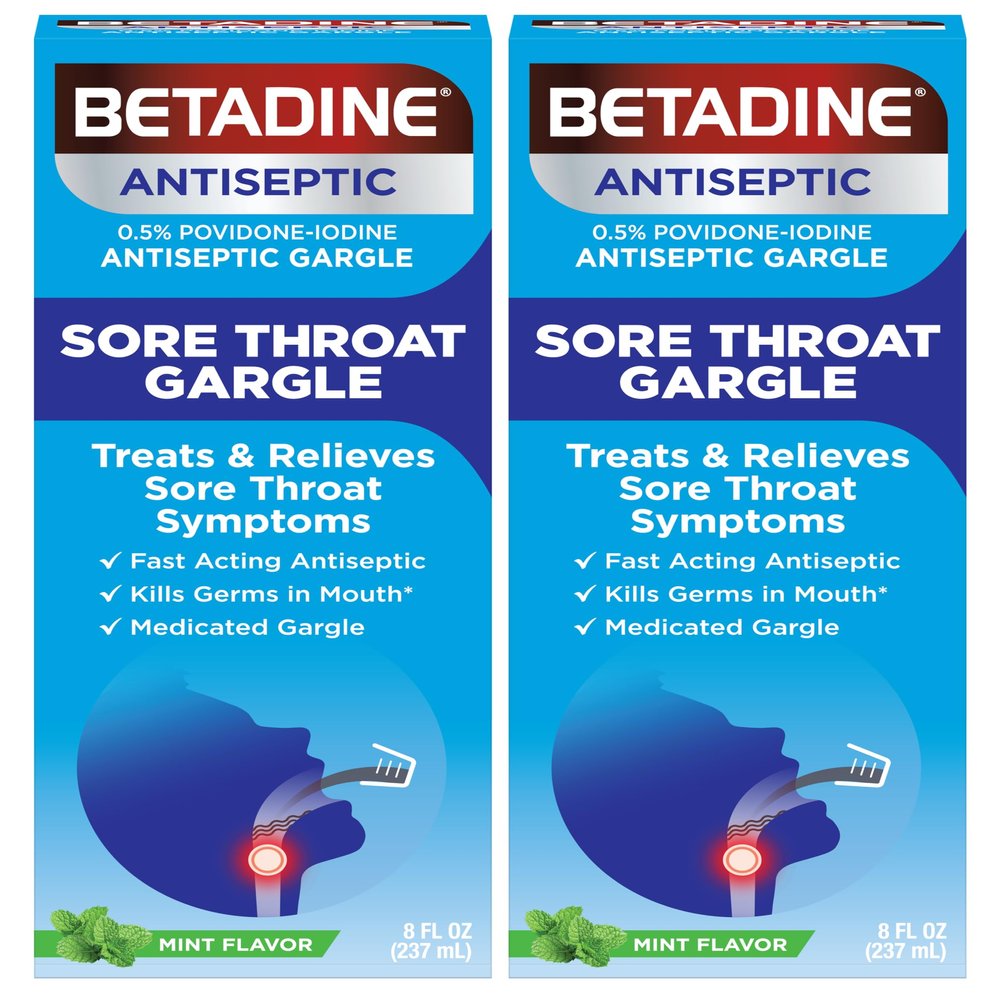 Betadine Sore Throat Relief Gargle, 8 Oz, Fast Acting Antiseptic with Povidone-Iodine 0.5%, Sore Throat Medicine, Mint Flavor (Pack of 2, Golden Brown)