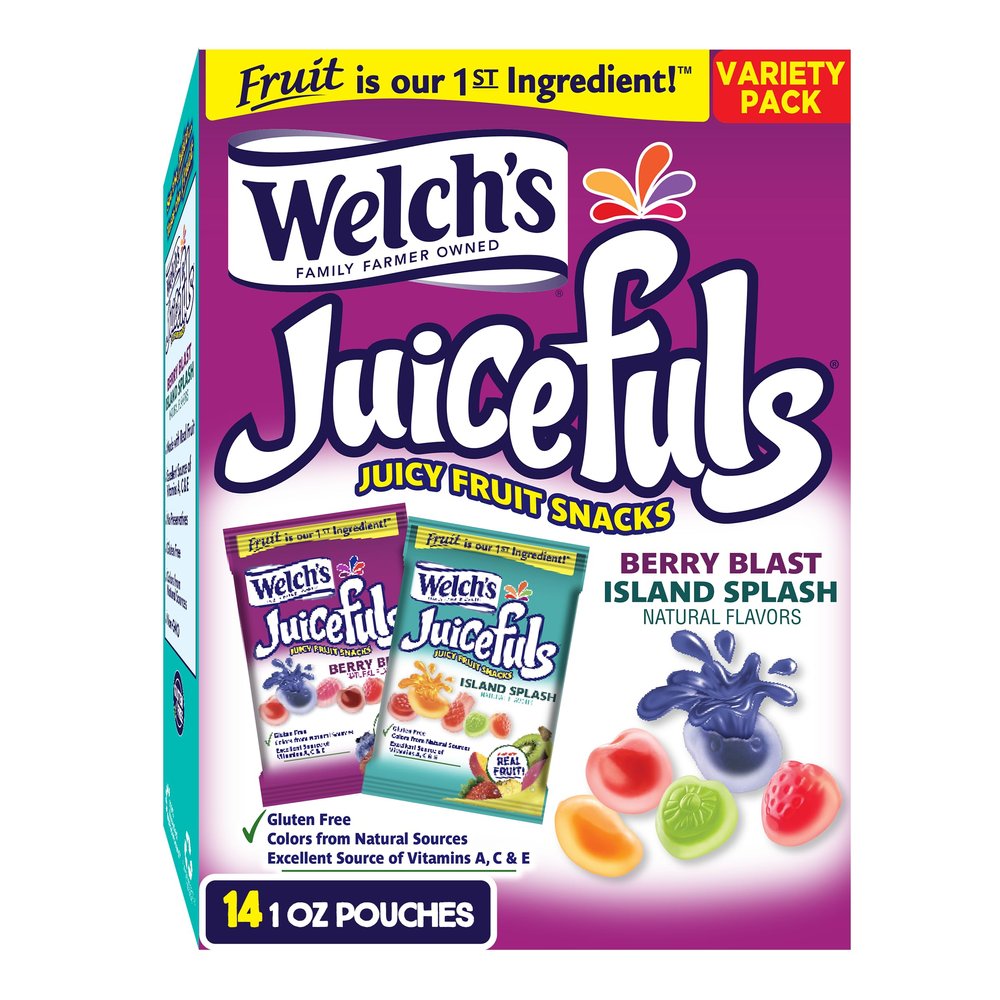 Welch's Juicefuls Juicy Fruit Snacks, Berry Blast & Island Splash, Fruit Gushers, Bulk Pack, Individual Single Serve Bags, 1 oz (Pack of 14)
